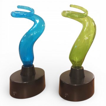 Leuchtobjekt, Glasspirale Elektron, grün/blau, K.stoffsockel schwarz oval, H40xLx20xB15