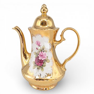Kaffeekanne mit Deckel, Porzellan vergoldet, Rosendekor