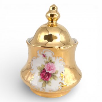 Zuckerdose mit Deckel , Porzellan vergoldet, Rosendekor