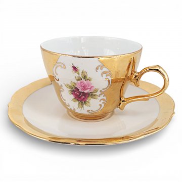 Tasse BAVARIA, mit Untertasse Porzellan,  vergoldet, Rosendekor