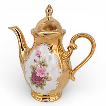 Moccakanne mit Deckel, Porzellan, vergoldet, Rosendekor