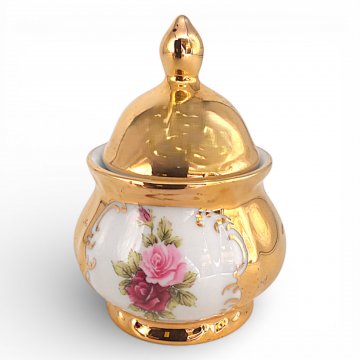 Zuckerdose BAVARIA, Porzellan, vergoldet, Rosendekor, Deckel, Innenrand beschädigt, H11