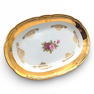 Kuchenplatte Porzellan, vergoldet, Rosendekor, oval