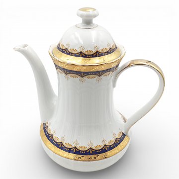 Kaffeekanne, Porzellan, Goldrand, verziert mit blauer Schärpe, Winterling