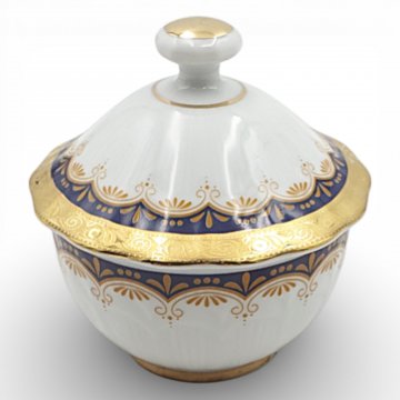 Zuckertopf Porzellan, WINTERLING, Deckel, Goldrand, verziert mit blauer Scherpe