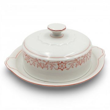 Butterteller mit Glosche, Bavaria, Porzellan, weiss, rote Ranken, 16cmØ