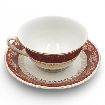 P- Kaffeetasse mit Untertasse, Porzellan, weiß/rot/gold, florale Verzierungen, SONNEBERG
