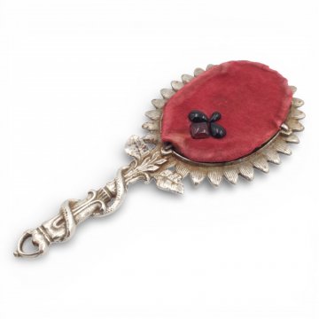 Handspiegel, Metall, Rückseite Samt rot,  Blumenform mit Schlange am Stiel, L21,5