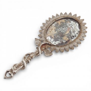 Handspiegel, Metall, Rückseite Samt rot,  Blumenform mit Schlange am Stiel, L21,5