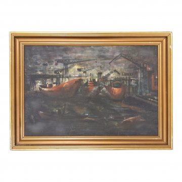 Ölbild, Hafenmotiv bei Nacht, gerahmt in goldener Holzleiste