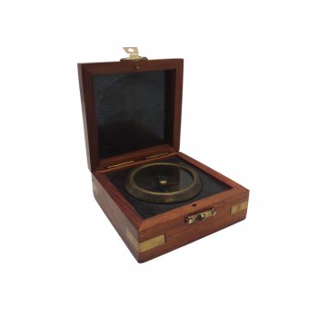 Kompaß, Windrose Ø 5cm, in Holzbox 8cm x 8cm, Messing, Kupfer