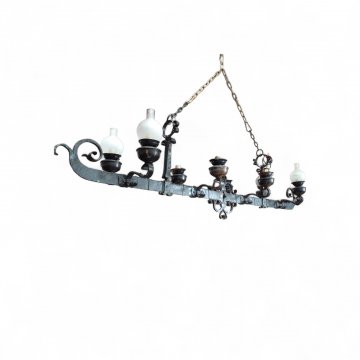 Lüster, Hängelampe BAU Schmiedeeisen schwarz, 8 Ausleger m. Petroschale, 2-fache Kettenaufhängung, 233x50 cm, E27