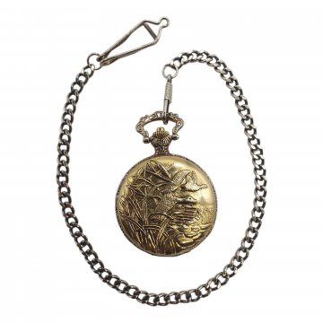 Taschenuhr mit Kette goldfarben, Deckel Wildgänse