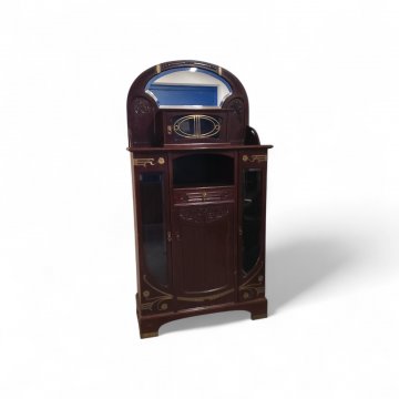 Vertiko, JUG, Mahagoni, Spiegelaufsatz, zwei Türen mit Glaseinsatz,  eine Holztür, ein Schub, 100x40x190cm