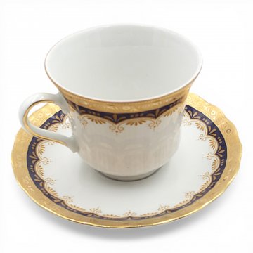 Tasse Porzellan, WINTERLING, mit Untertasse, Goldrand, verziert mit blauer Scherpe