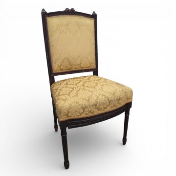 Stuhl Louis XVI, eckig. Polster, gold gemustertes Damast, Gestell mahagonifrb.