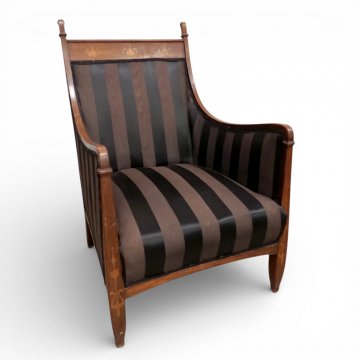 Sessel mit Zwiebelintarsien, Polster schwarz gestreift. Damast, 61x78, h 98cm