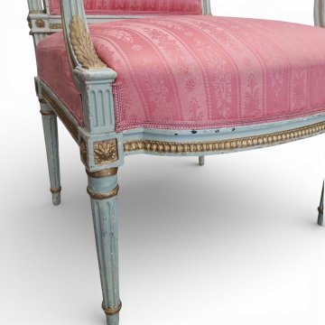 Sessel Louis XVI grüngold, Polster lachsfarben gestreift