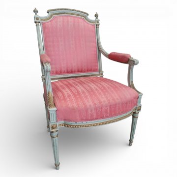 Sessel Louis XVI grüngold, Polster lachsfarben gestreift