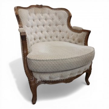 Sessel Chippendale, Rahmen Nussbaum verziert, Polster hell Velours, kapitoniert mit losem Sitzkissen, zu Sofa 03100195