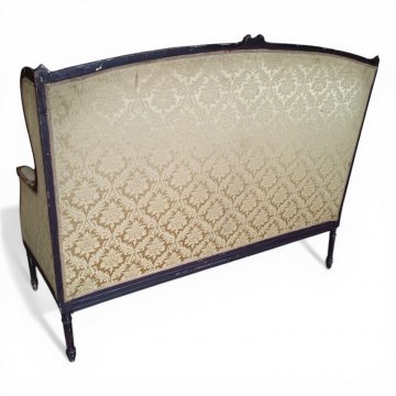 Ohrensofa goldf. Damast 2-sitzig mit losen Sitzkissen, Gestell mahagonifrb., 128x65cm, h 100cm