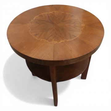 Rauchtisch rund Wurzelfurnier Nussb. mit Zwischenboden und Intarsien i. Platte, ø60, h 60cm