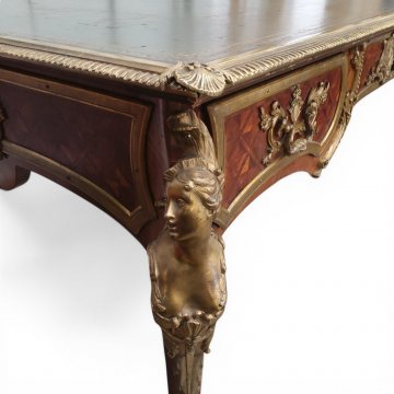 Schreibtisch REGENCE, reicher Bronzebeschlag, figürlich, grüne Lederplatte, Buerau Plat,  (Versicherungswert 6000 €) 175x94cm, h 78cm, Holz, braun, Bronze, Metall, 