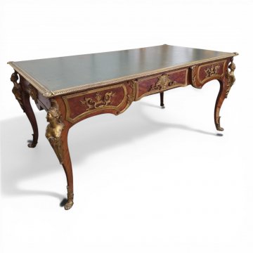 Schreibtisch REGENCE, reicher Bronzebeschlag, figürlich, grüne Lederplatte, Buerau Plat,  (Versicherungswert 6000 €) 175x94cm, h 78cm, Holz, braun, Bronze, Metall, 