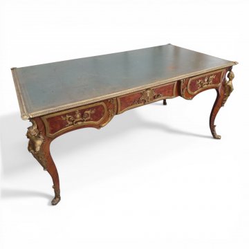 Schreibtisch REGENCE, reicher Bronzebeschlag, figürlich, grüne Lederplatte, Buerau Plat,  (Versicherungswert 6000 €) 175x94cm, h 78cm, Holz, braun, Bronze, Metall, 