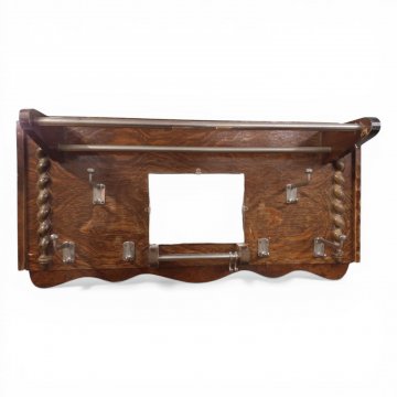 Wandgarderobe, Eiche dkl.braun, seitlich Säulen gedreht, Hutablage, Spiegel, 6 Haken silber, Unterseite gewellt, B87