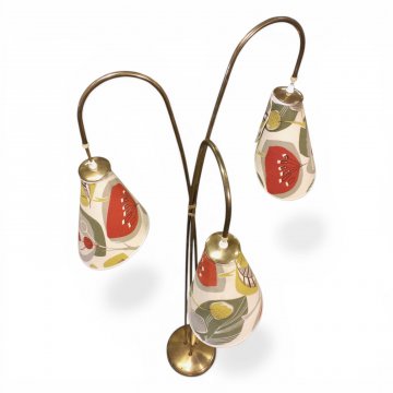 Stehlampe, 3 Messingstangen geschwungen, 3 Tütenschirme hängend, 3 flg. E27 max.25W, H150