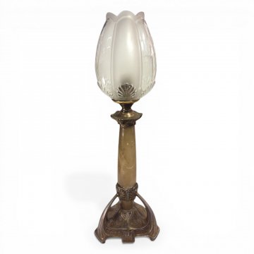 Petroltischlampe, Marmorsäule m. 3-eckigem Bronzefuß , Glasaufsatz extra!!, E27 SK1