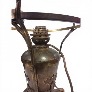 Tischlampe Kupfer, Petrostil elektrifiziert, Haube mit Steineinlagen Ø28, 1-flg. E27, H40