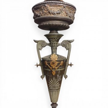 Tischlampe, JHW, Petrostil, Vase Bronze, Messingverzierung, geätzter Glasschirm, 1-flg. E27, max. 60W, H72
