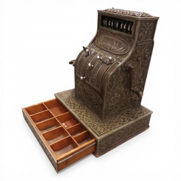 Registrierkasse NATIONAL, NUR DEKO, Messingguß reich verziert, mechanisch, seitlich Handkurbel, 50kg