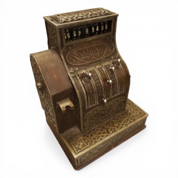 Registrierkasse NATIONAL, NUR DEKO, Messingguß reich verziert, mechanisch, seitlich Handkurbel, 50kg