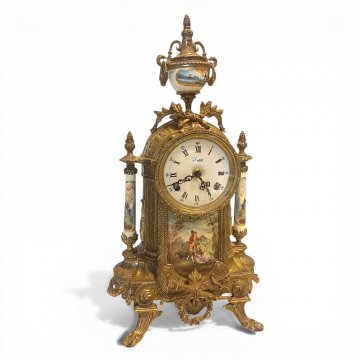 Kaminuhr, Empire, Bronze, Genrebild, rundes Ziffernblatt unter Glas