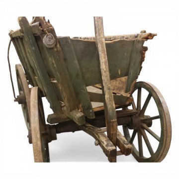 Bollerwagen, Holz grünbraun, Seiten geschlossen, Speichenräder, Deichsel, H70xB60xL110