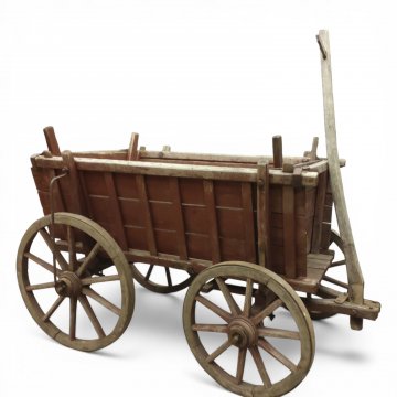 Bollerwagen, Holz rötl.braun, abgeblättert, Seiten gestäbt ( auch umbaubar mit geschl. Seiten), Speichenräder, Deichsel, L123xB78xH80cm