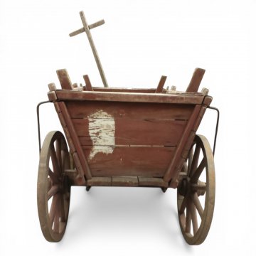 Bollerwagen, Holz rötl.braun, abgeblättert, Seiten gestäbt ( auch umbaubar mit geschl. Seiten), Speichenräder, Deichsel, L123xB78xH80cm