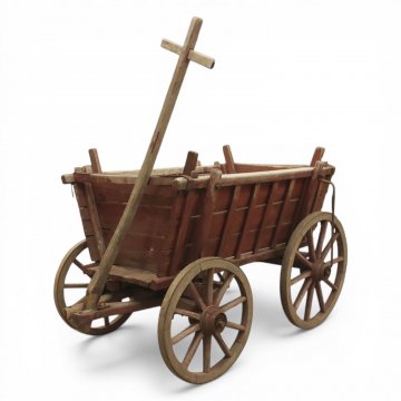 Bollerwagen, Holz rötl.braun, abgeblättert, Seiten gestäbt ( auch umbaubar mit geschl. Seiten), Speichenräder, Deichsel, L123xB78xH80cm