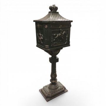 Standbriefkasten, Gußeisen grün/gold patiniert, Posthorn- und Blumenverzierungen, H105xB40xT27