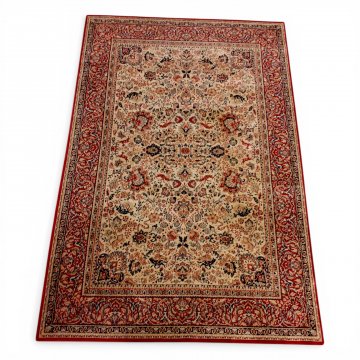 Teppich, ROLLREGAL, breite Randbordüre rot, Mittelfeld beige mit Floralen und Tiermotiven, 2x3m