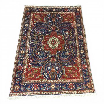 Teppich,ROLLREGAL, Grundfarben blau/rot, Medaillon Viertelmedaillons Arabesken auf Innenfläche, Rankenbordüre, 300x205, 