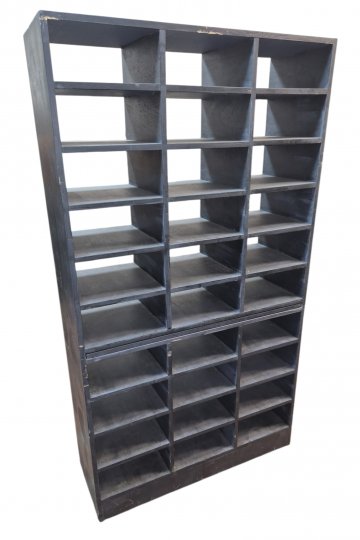 Regal, diverse kleine Fächer, graublau / taubenblau, Tablettauszug, 100x35cm, h 180cm, Ablage, auf Rollen