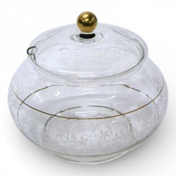 Bowleschüssel, Glas, Traubenmotiv geschliffen, Goldrand, Deckelknauf gold, ø28