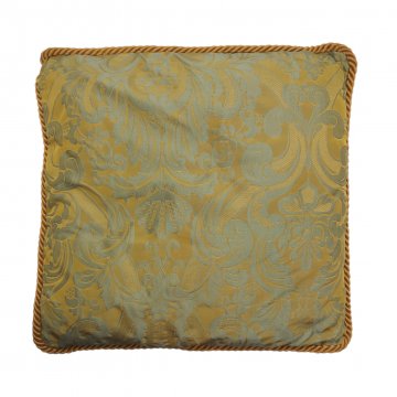 Kissen 40x40, hellblau/gold, florales Barock Muster, rundum Kordel in Gold, Jaquard Seide