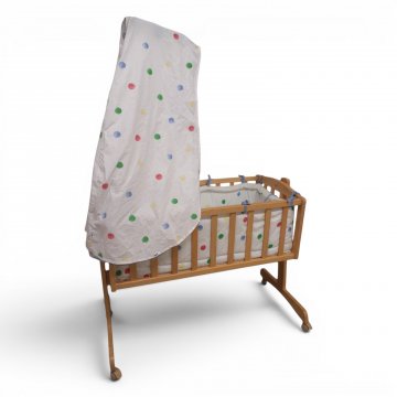Kinderwiege, Holz hell, gestäbt, Himmel, komplett bestückt, 2-beinig, 4-füßig, L105