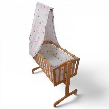 Kinderwiege, Holz hell, gestäbt, Himmel, komplett bestückt, 2-beinig, 4-füßig, L105