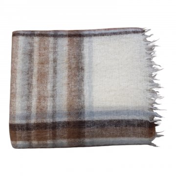 Wolldecke/Plaid, 145x170cm, wollweiß/braun/grau kariert mit Fransen